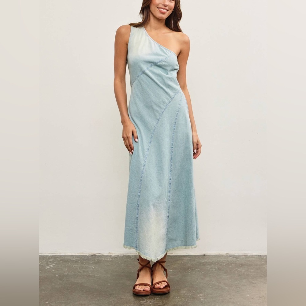 ZARA One-Shoulder Sleeveless Midi Summer Sundress Light Chambray Blue M